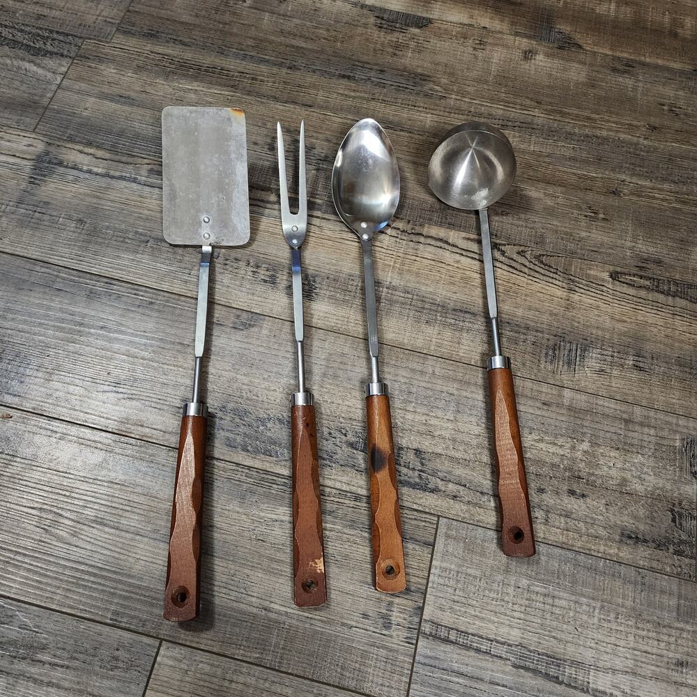 Set of 4 VTG Stainless Steel Grill Utinsels Made in Japan Wooden Handles